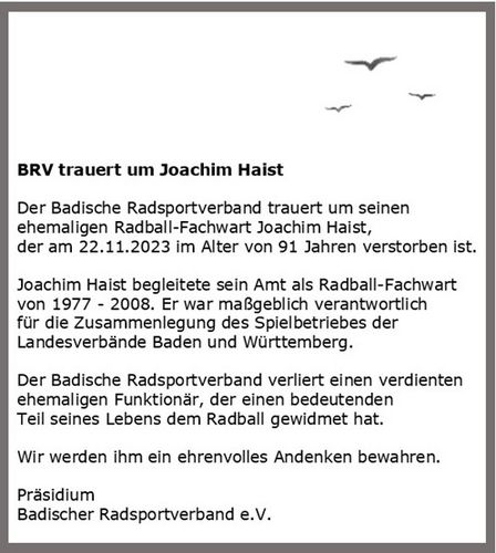 Trauer um Joachim Haist