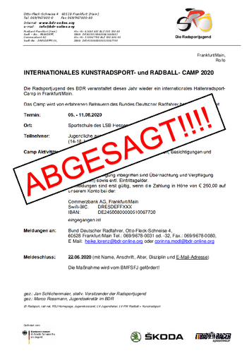 Absage Inter. Hallenradsportcamp und DFJW-Maßnahemen